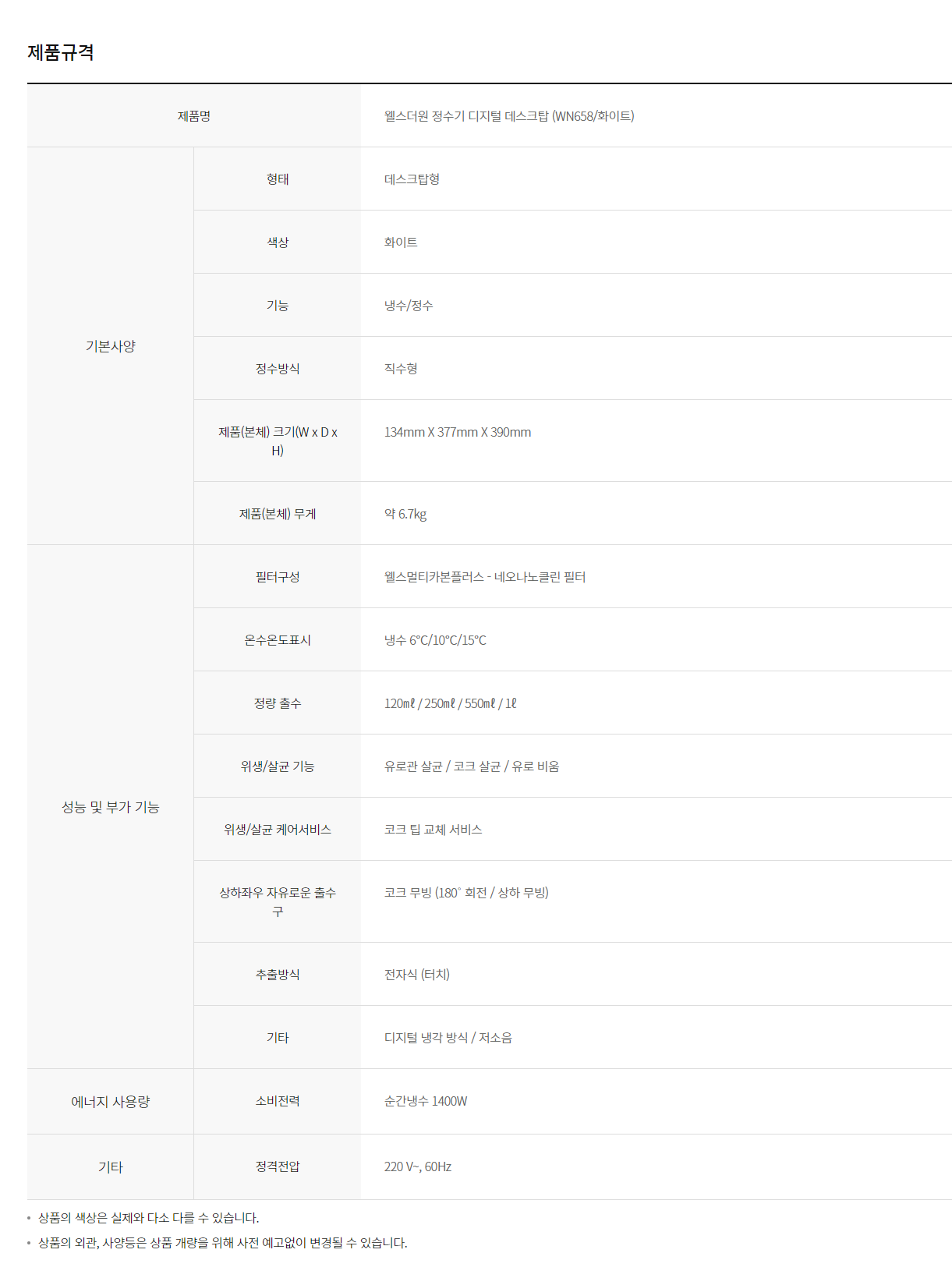 웰스 더원 디지털 데스크탑 냉정수기 (6개월 방문관리) 이미지 3