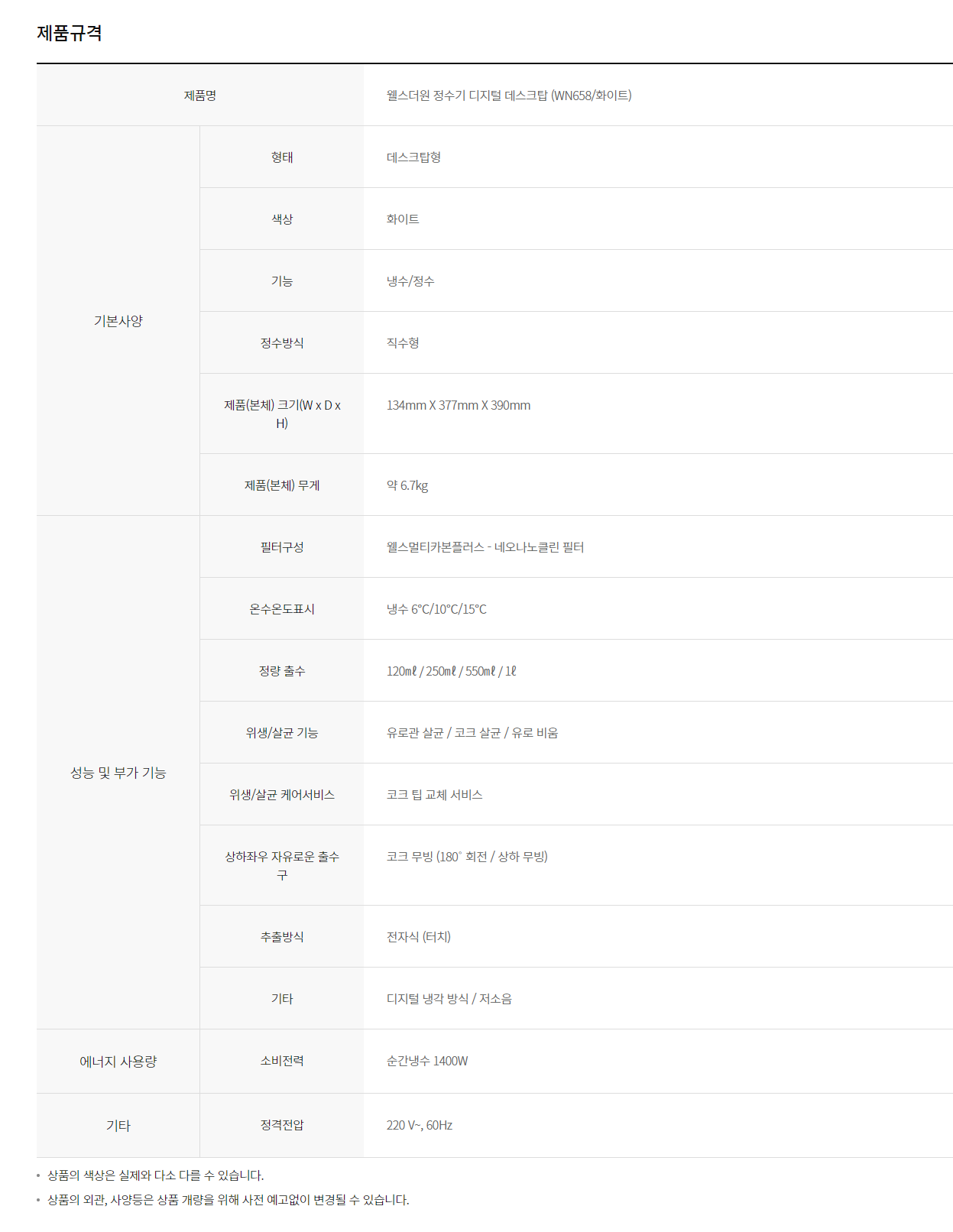 웰스 더원 디지털 데스크탑 냉정수기 (셀프관리) 이미지 7